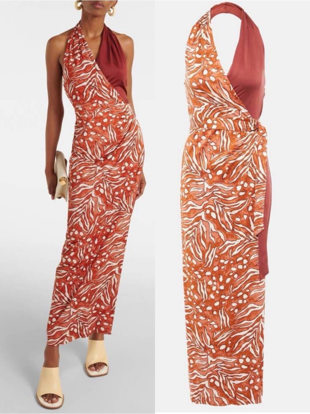 DVF DIANE VON FURSTENBERG chase dress in caramel/chestnut wrap maxi halter 2 - Picture 4 of 15